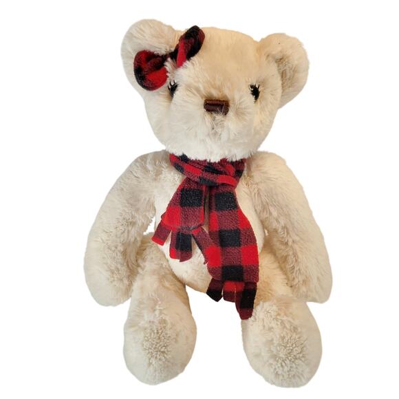 JOANN J Bear Plush Cream Teddy 16" Red Plaid Scarf Bow Stuffed Animal Toy - Picture 9 of 9